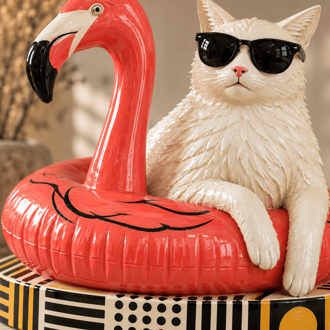 Close-up of the glossy resin flamingo float and sunglasses detail on the Cat on the Beach sculpture by Rossetti Art