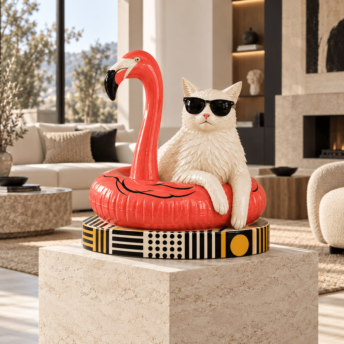 Cat sculpture on a stone pedestal in a modern living room – Cat on the Beach by Rossetti Art