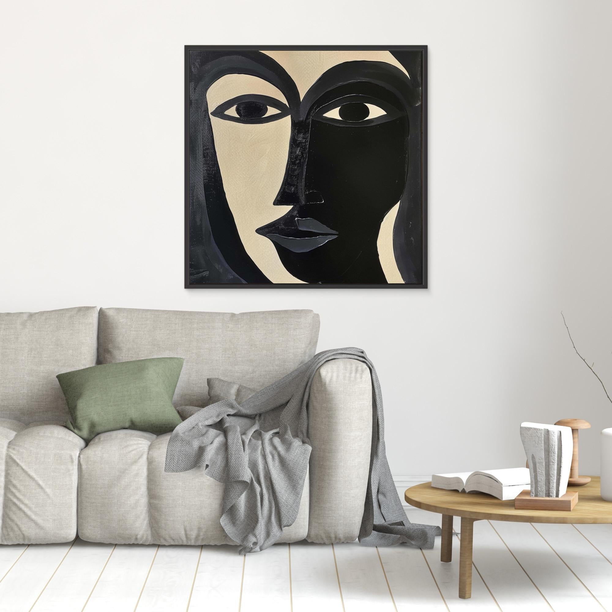 Divided Essence - Minimalist Black and White Abstract Face Art Print, Modern Portrait Wall Decor, Bold Contemporary Expressionist Artwork, Unique Canvas Design