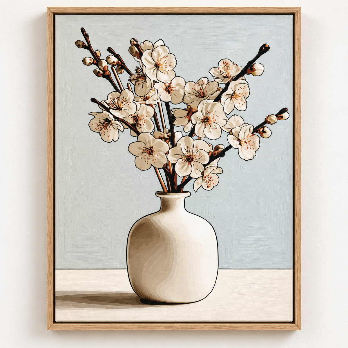 Cherry Blossom Wall Art – Porcelain Branch by Rossetti Art, white blossoms in a cream vase on a blue-grey wall