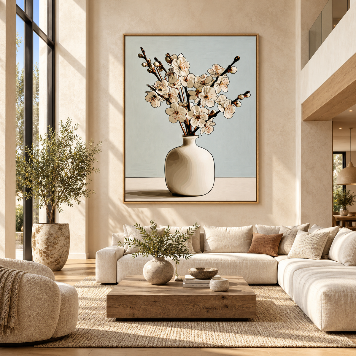 Cherry Blossom Wall Art – Porcelain Branch by Rossetti Art above a cream sofa in a living room