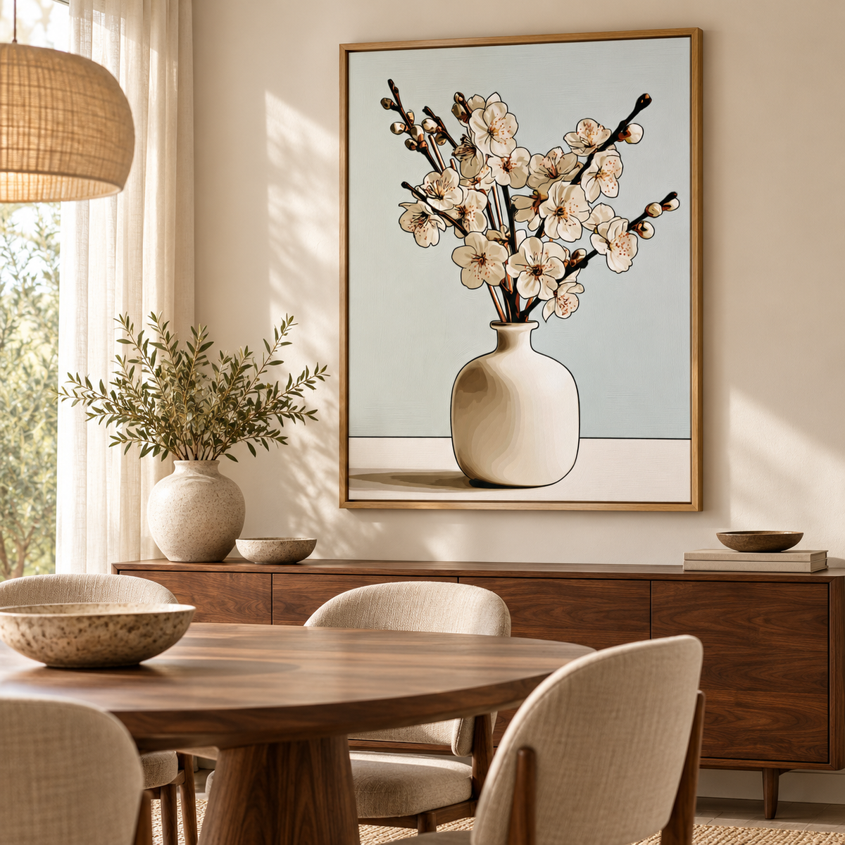 Cherry Blossom Wall Art – Porcelain Branch by Rossetti Art over a walnut sideboard in a dining room