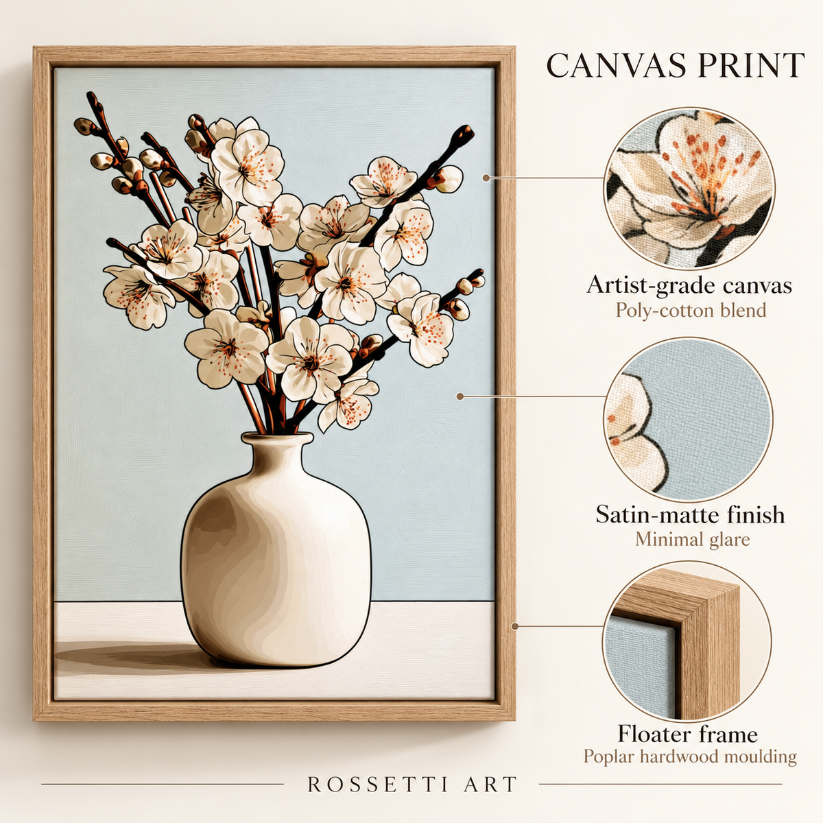 Cherry Blossom Wall Art – Porcelain Branch by Rossetti Art, canvas materials and construction details