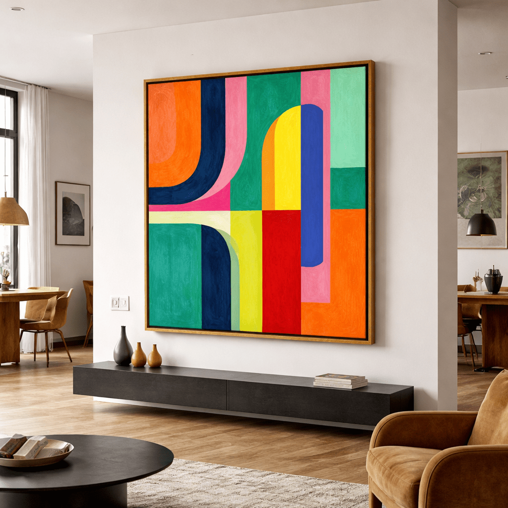 Chromatic Arcadia — Original Geometric Abstract Painting | Bauhaus - Inspired Luxury Wall Art by Chiara Rossetti modern abstract canvas wall art by Rossetti Art – luxury interior design artwork for living room, bedroom, office – original painting square abstract wall art square canvas art