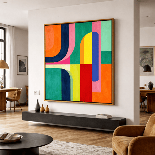 Chromatic Arcadia — Original Geometric Abstract Painting | Bauhaus - Inspired Luxury Wall Art by Chiara Rossetti modern abstract canvas wall art by Rossetti Art – luxury interior design artwork for living room, bedroom, office – original painting square abstract wall art square canvas art