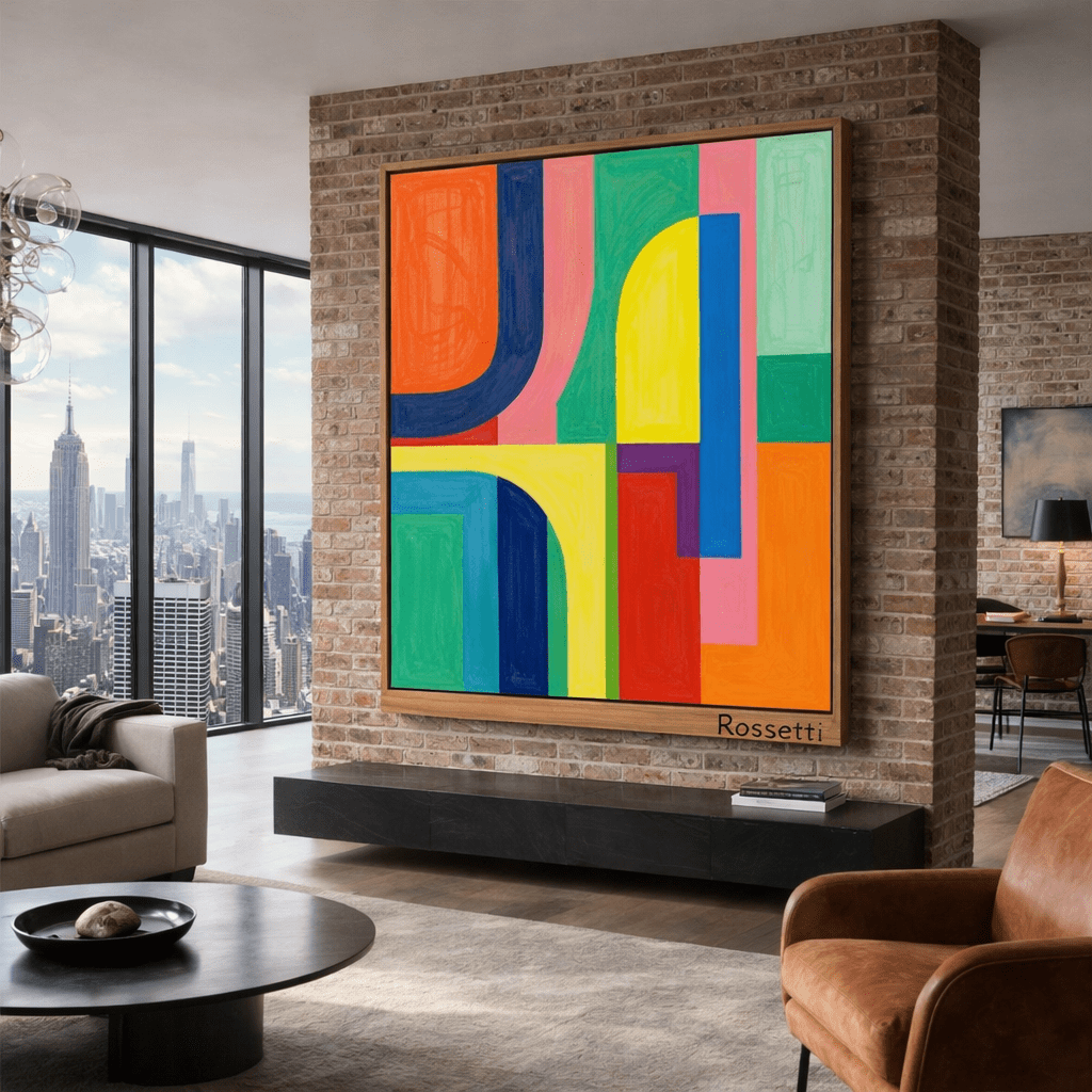 Chromatic Arcadia — Original Geometric Abstract Painting | Bauhaus - Inspired Luxury Wall Art by Chiara Rossetti modern abstract canvas wall art by Rossetti Art – luxury interior design artwork for living room, bedroom, office – original painting square abstract wall art square canvas art