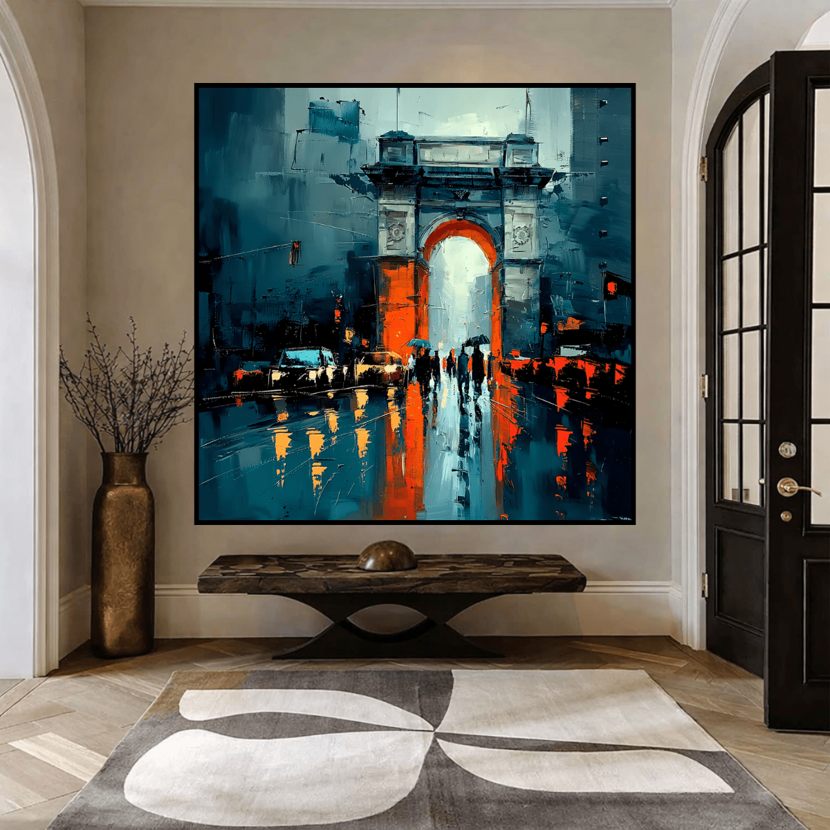 City of Reflections – Abstract Cityscape Painting by Chiara Rossetti modern abstract canvas wall art by Rossetti Art – luxury interior design artwork for living room, bedroom, office – original painting square abstract wall art square canvas art
