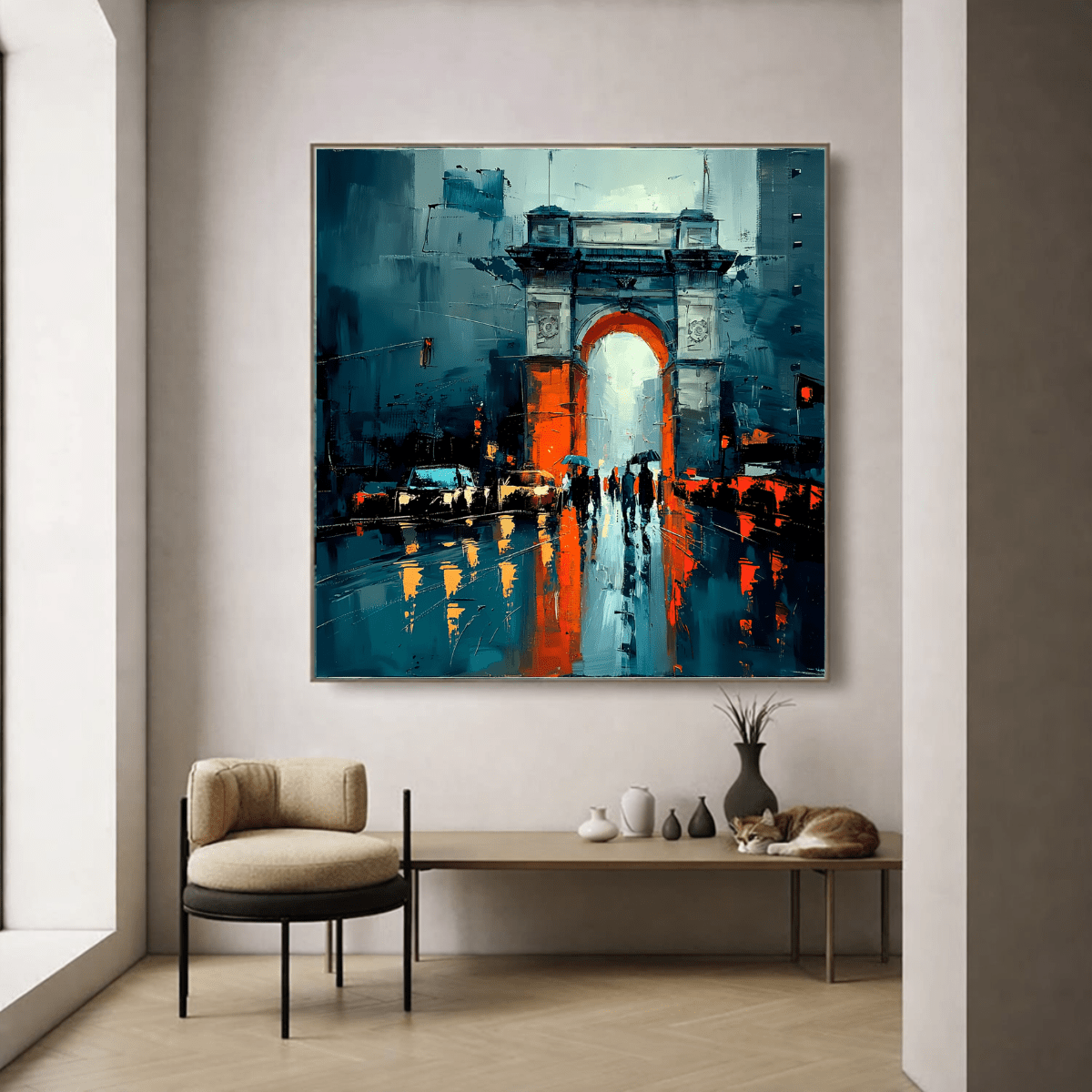 City of Reflections – Abstract Cityscape Painting by Chiara Rossetti modern abstract canvas wall art by Rossetti Art – luxury interior design artwork for living room, bedroom, office – original painting square abstract wall art square canvas art