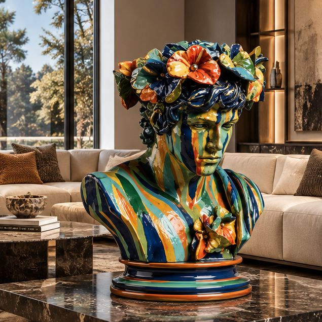 Classical Bust Sculpture – Painted Bloom in luxury living room interior