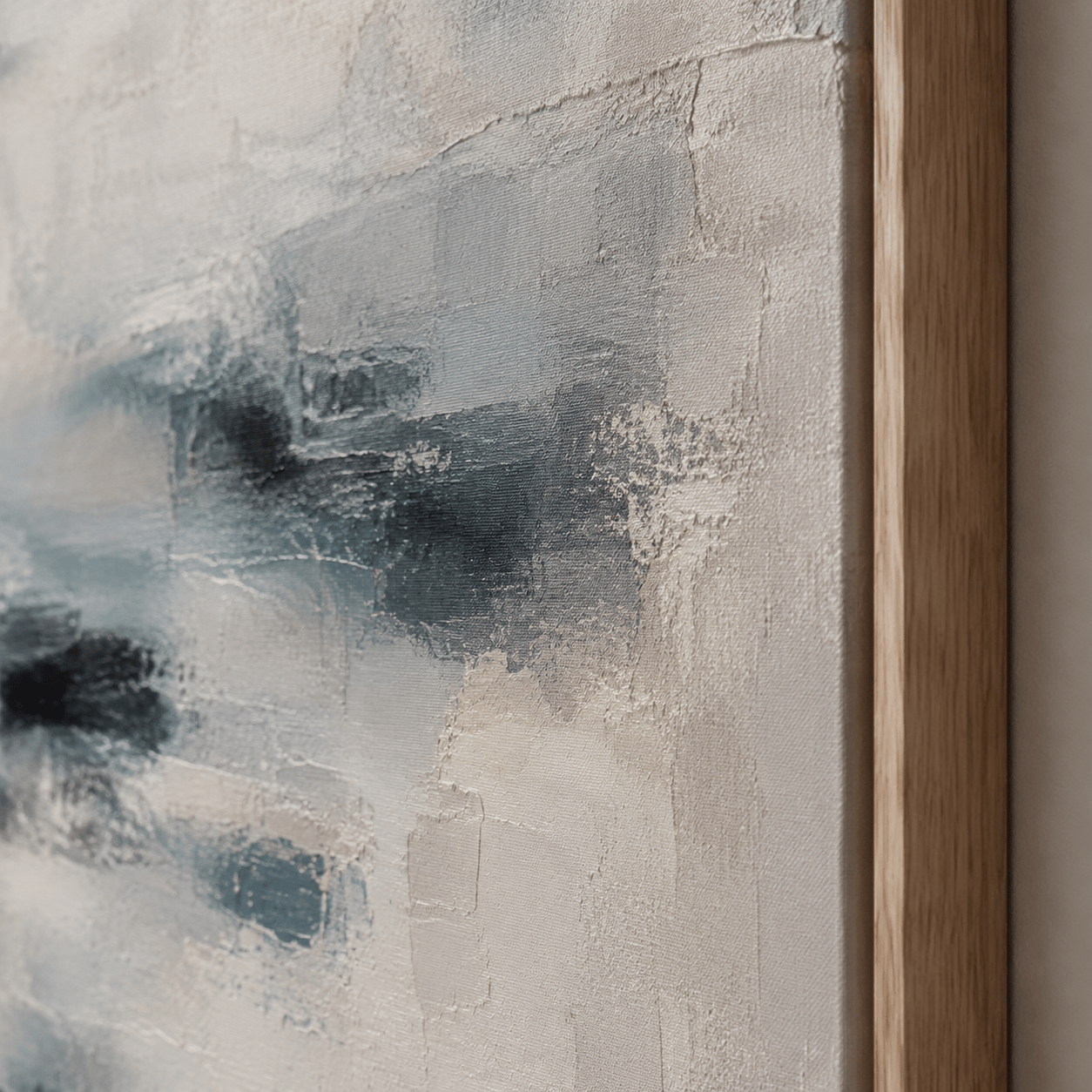 Textured brushwork and oak floater frame detail on the Molten Sky cloud painting canvas