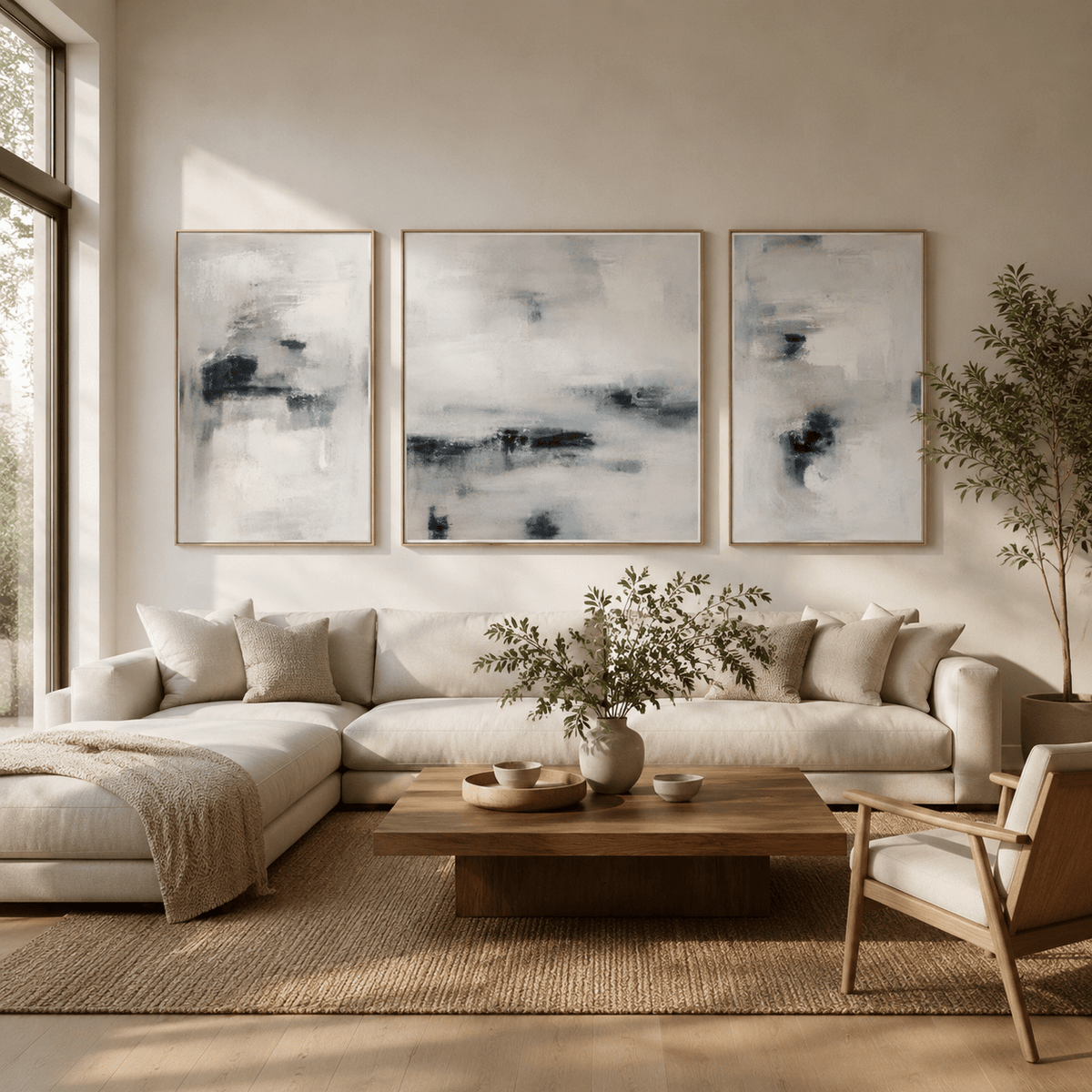 Cloud painting canvas set in soft gray and indigo blue above a living room sofa – Molten Sky by Rossetti Art