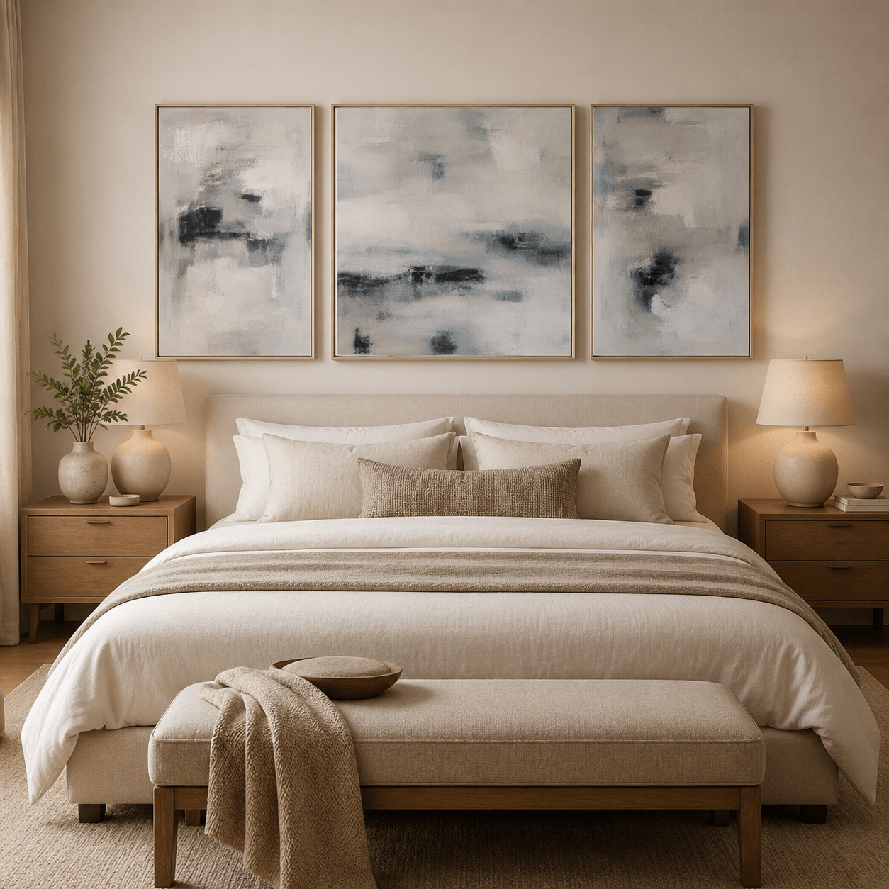 Cloud painting canvas set in oak frames above a bedroom headboard – Molten Sky by Rossetti Art