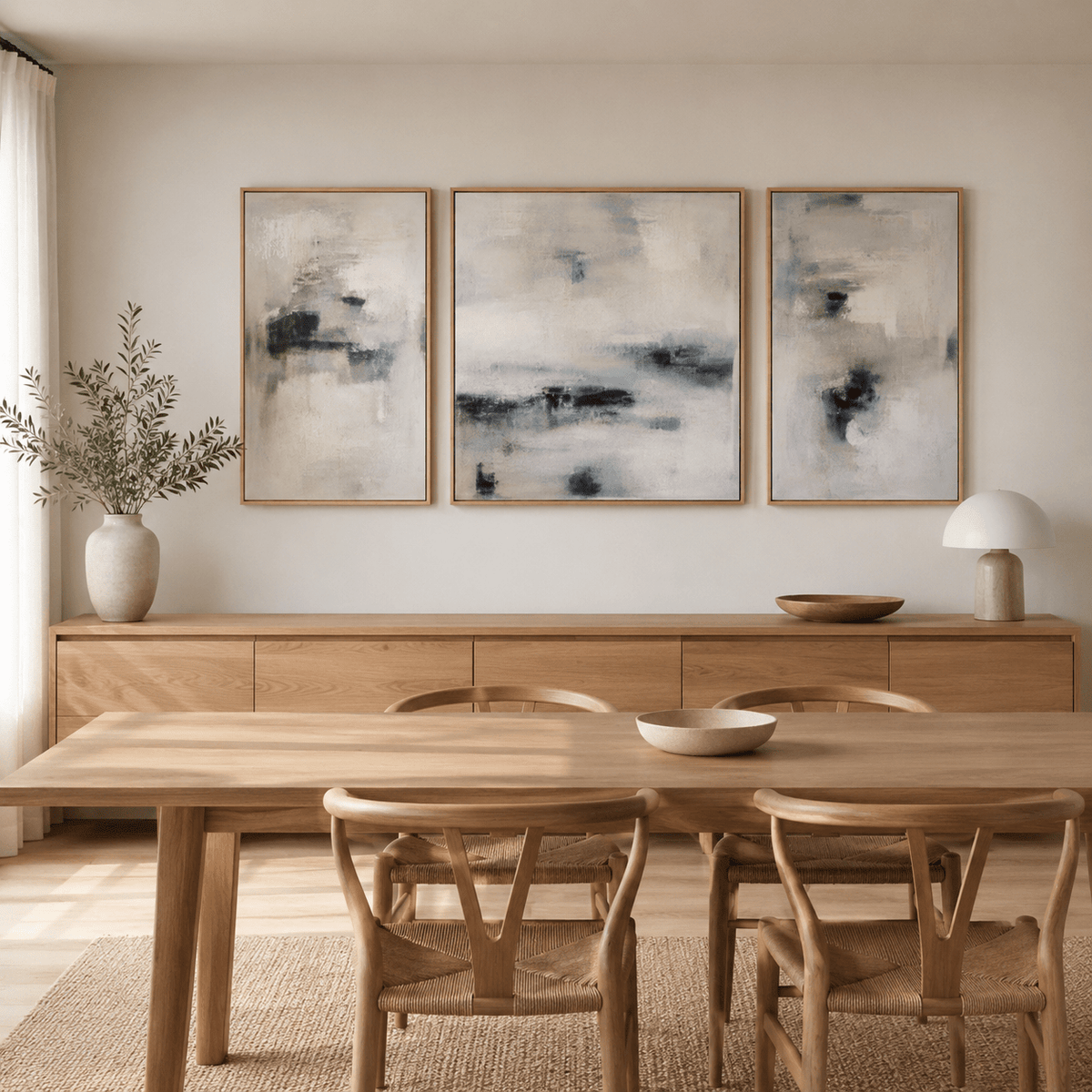 Three-panel cloud painting canvas set above a dining room sideboard – Molten Sky by Rossetti Art
