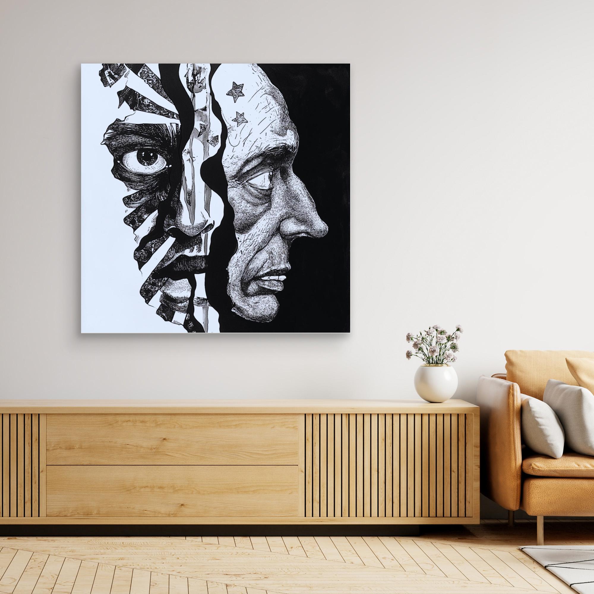 Faces Within - Dual Perspective Abstract Wall Art, Black and White Pen Drawing, Surreal Face Illustration Print, Modern Figurative Art for Home Decor