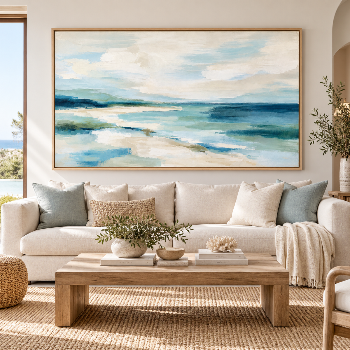 Coastal Canvas Wall Art – Quiet Shoreline canvas print above a cream sofa in a sunny living room, by Rossetti Art