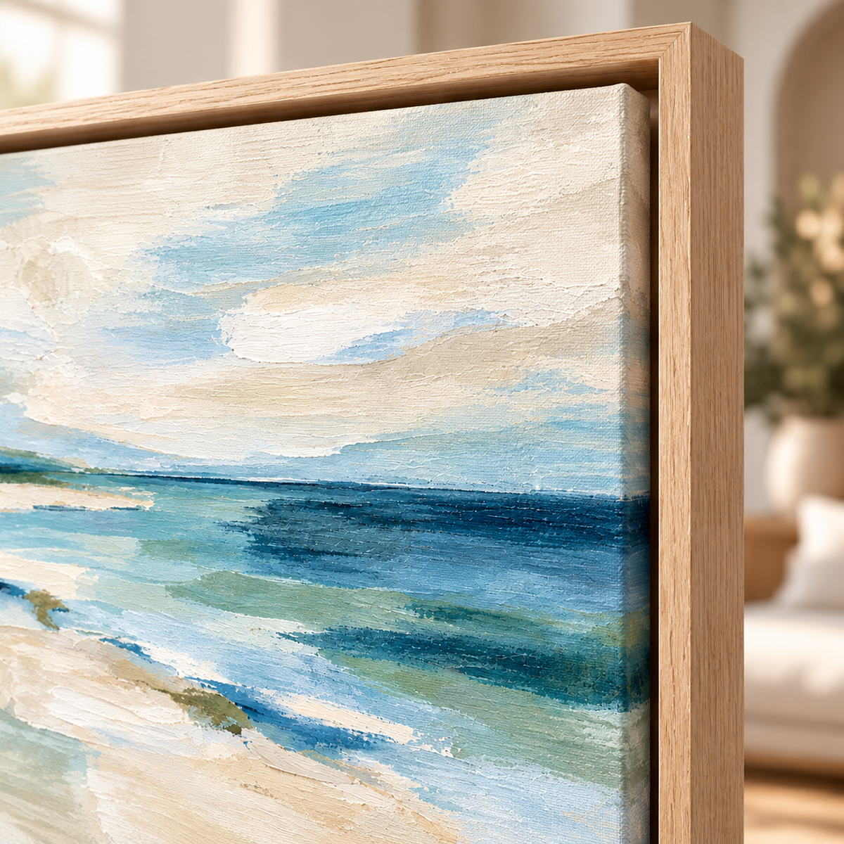 Coastal Canvas Wall Art – Quiet Shoreline close-up of the oak-tone floater frame corner, by Rossetti Art