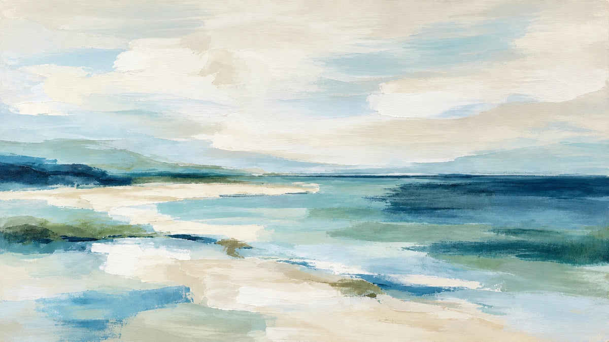 Coastal Canvas Wall Art – Quiet Shoreline horizontal canvas print by Rossetti Art, blue and teal sea over cream sand