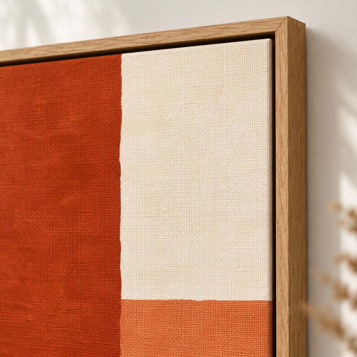 Color block art – close-up of the woven canvas texture and floater frame corner of Terra Divide by Rossetti Art