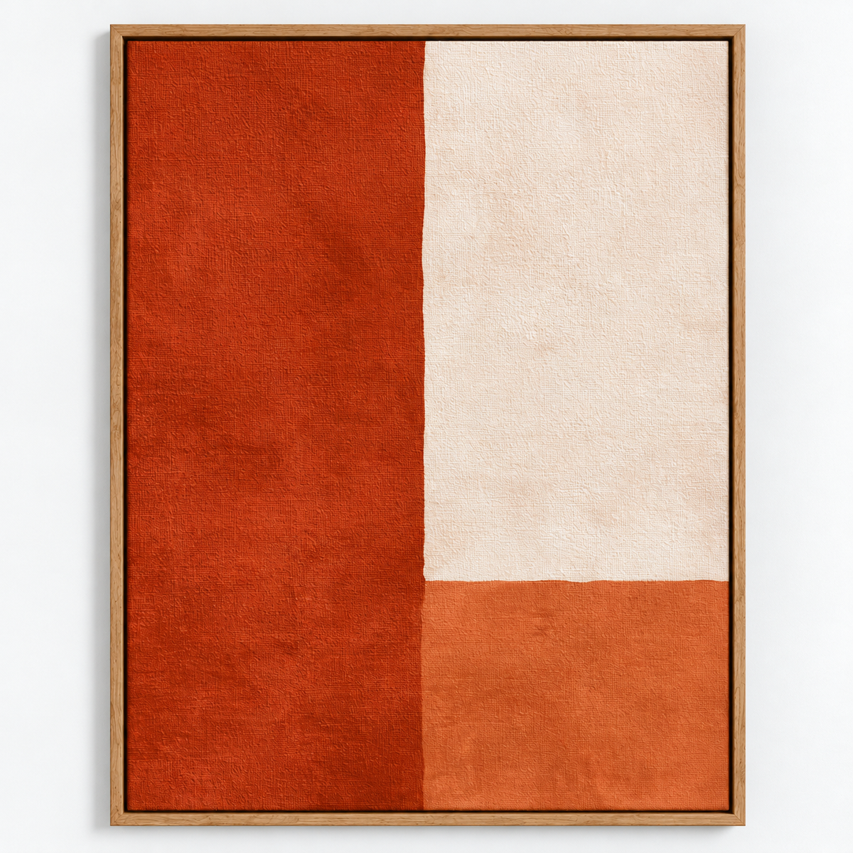 Color block art – Terra Divide vertical orange and cream canvas print, framed front view, by Rossetti Art