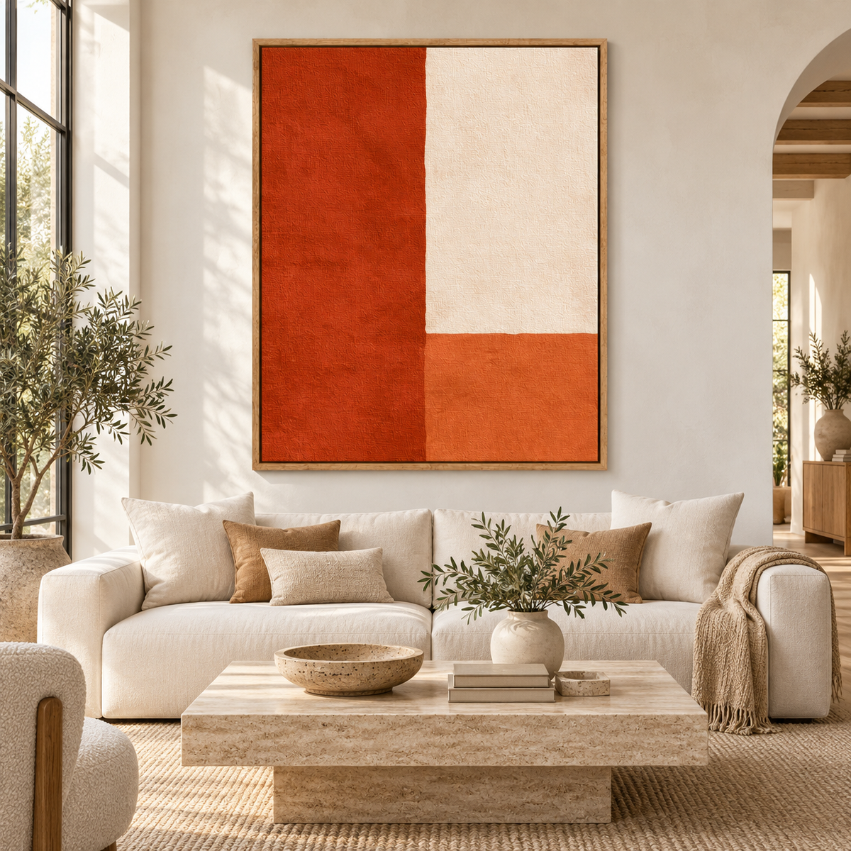 Color block art – Terra Divide orange and cream canvas print above a cream sofa in a bright living room by Rossetti Art
