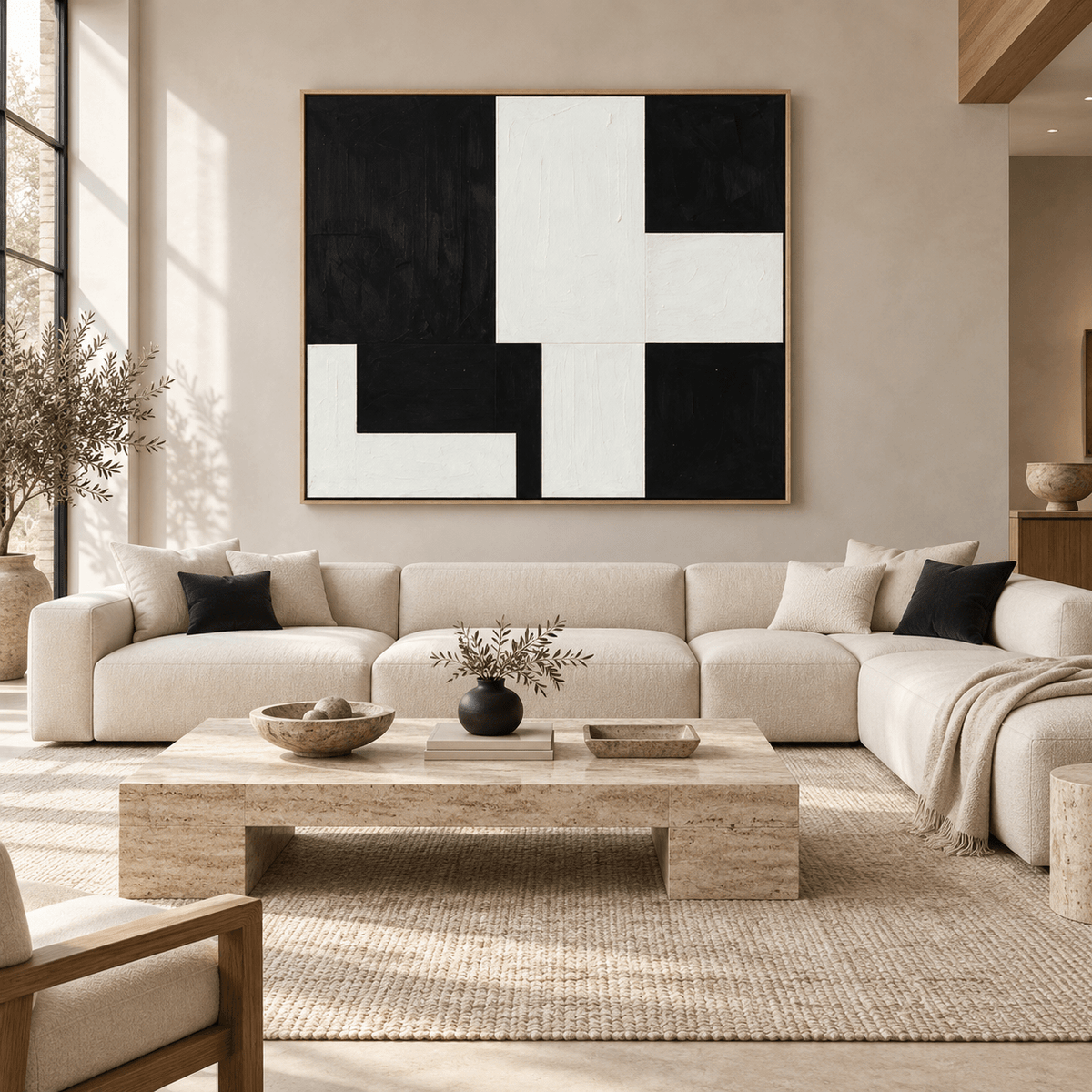 Broken Grid color block painting hung above a living room sofa by Rossetti Art
