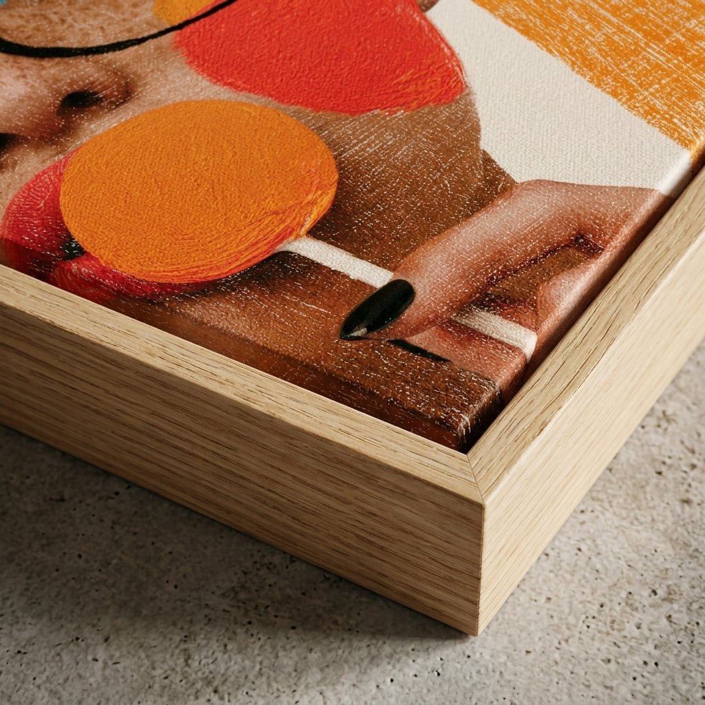 Close-up of canvas texture and oak hardwood floater frame corner on Sugar Rush pop art print