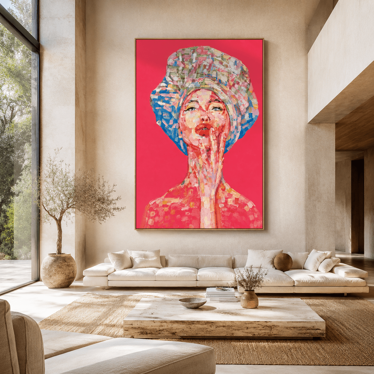 Colorful woman portrait wall art with expressive pink, coral, blue and green brushstrokes on a vivid pink background