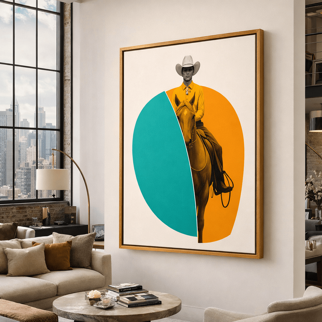 Cool Cowboy Wall Art – Bold Cowboy Silhouette Canvas Print modern abstract canvas wall art by Rossetti Art – luxury interior design artwork for living room, bedroom, office – figurative Poplar floater frame art ready to hang wall canvas