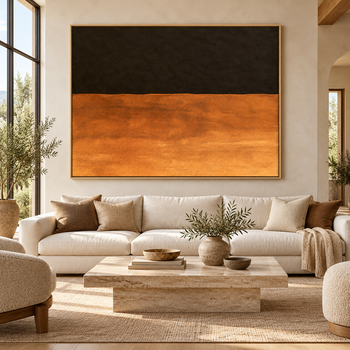 Copper Wall Art – Dusk Copper canvas print by Rossetti Art above a cream sofa in a bright living room