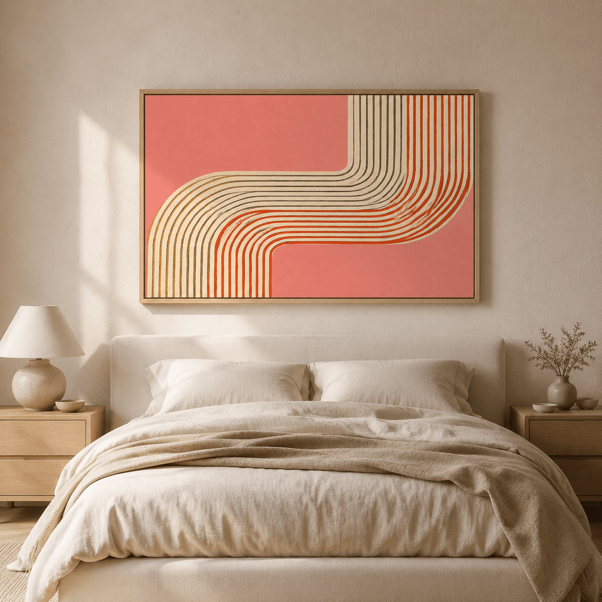 Coral wall art above a bed in a warm neutral bedroom – Amber Bend by Rossetti Art