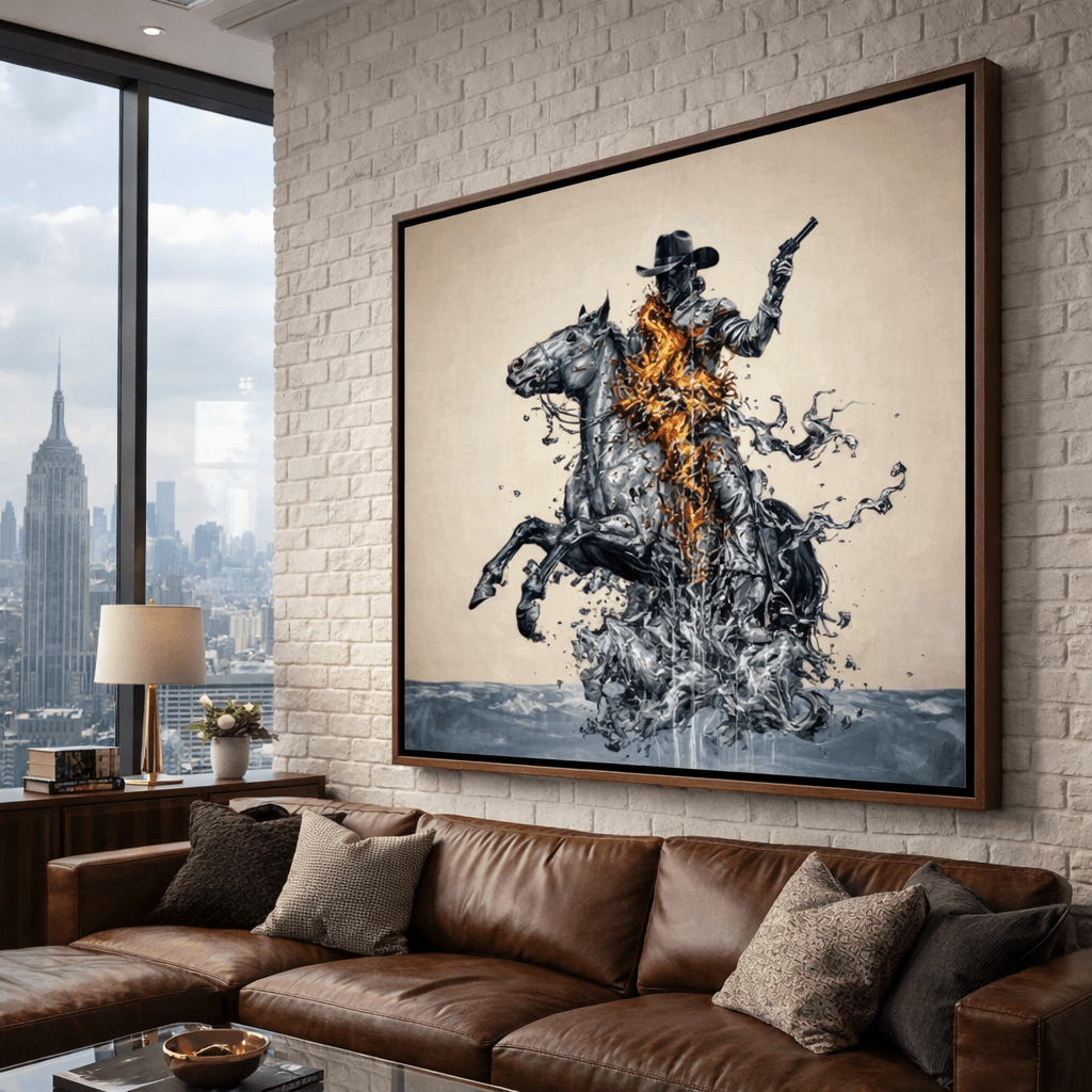 Cowboy and Horse Abstract Canvas Print – Modern Western Wall Art by Rossetti Art modern abstract canvas wall art by Rossetti Art – luxury interior design artwork for living room, bedroom, office – canvas print art Chiara Rossetti figurative