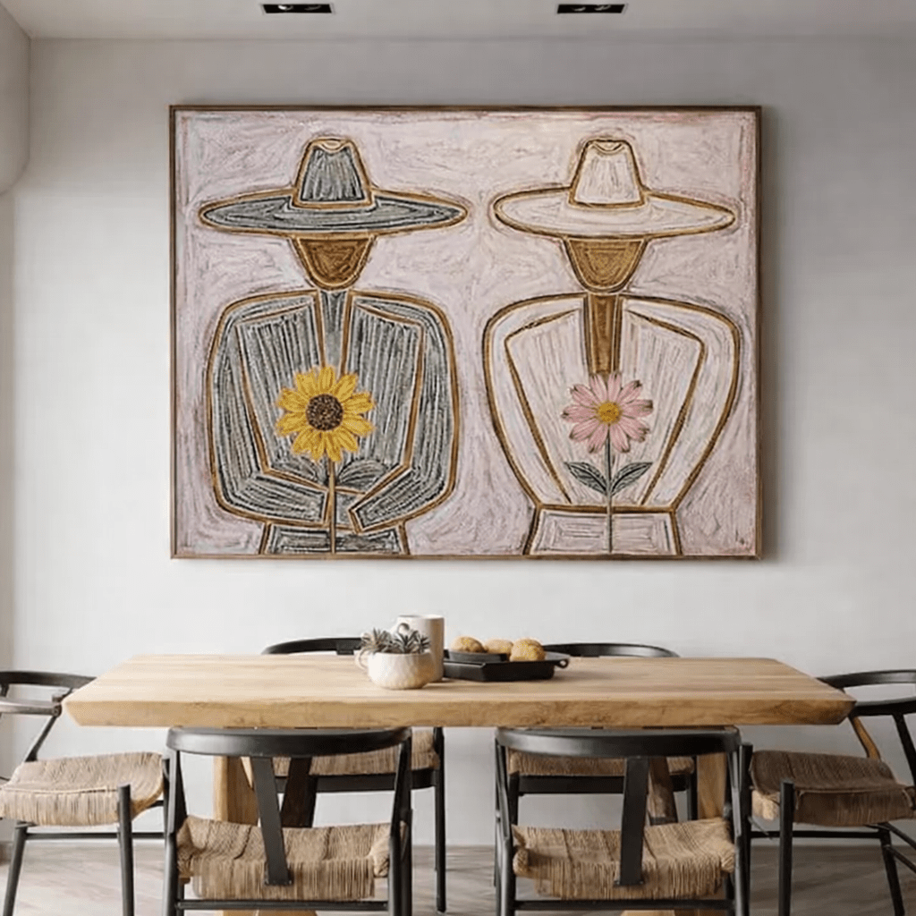 Cowboy Duet – Original Minimalist Figurative Painting in Sage, Ivory & Ochre | Chiara Rossetti Art modern abstract canvas wall art by Rossetti Art – luxury interior design artwork for living room, bedroom, office – figurative handmade wall art minimalist modern artwork