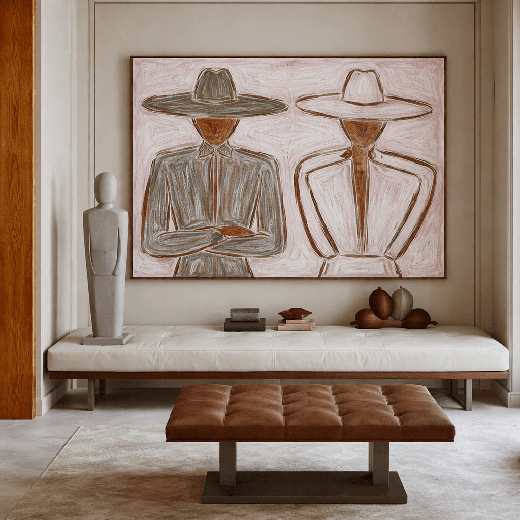 Cowboy Duet – Original Minimalist Figurative Painting in Sage, Ivory & Ochre | Chiara Rossetti Art modern abstract canvas wall art by Rossetti Art – luxury interior design artwork for living room, bedroom, office – figurative handmade wall art minimalist modern artwork