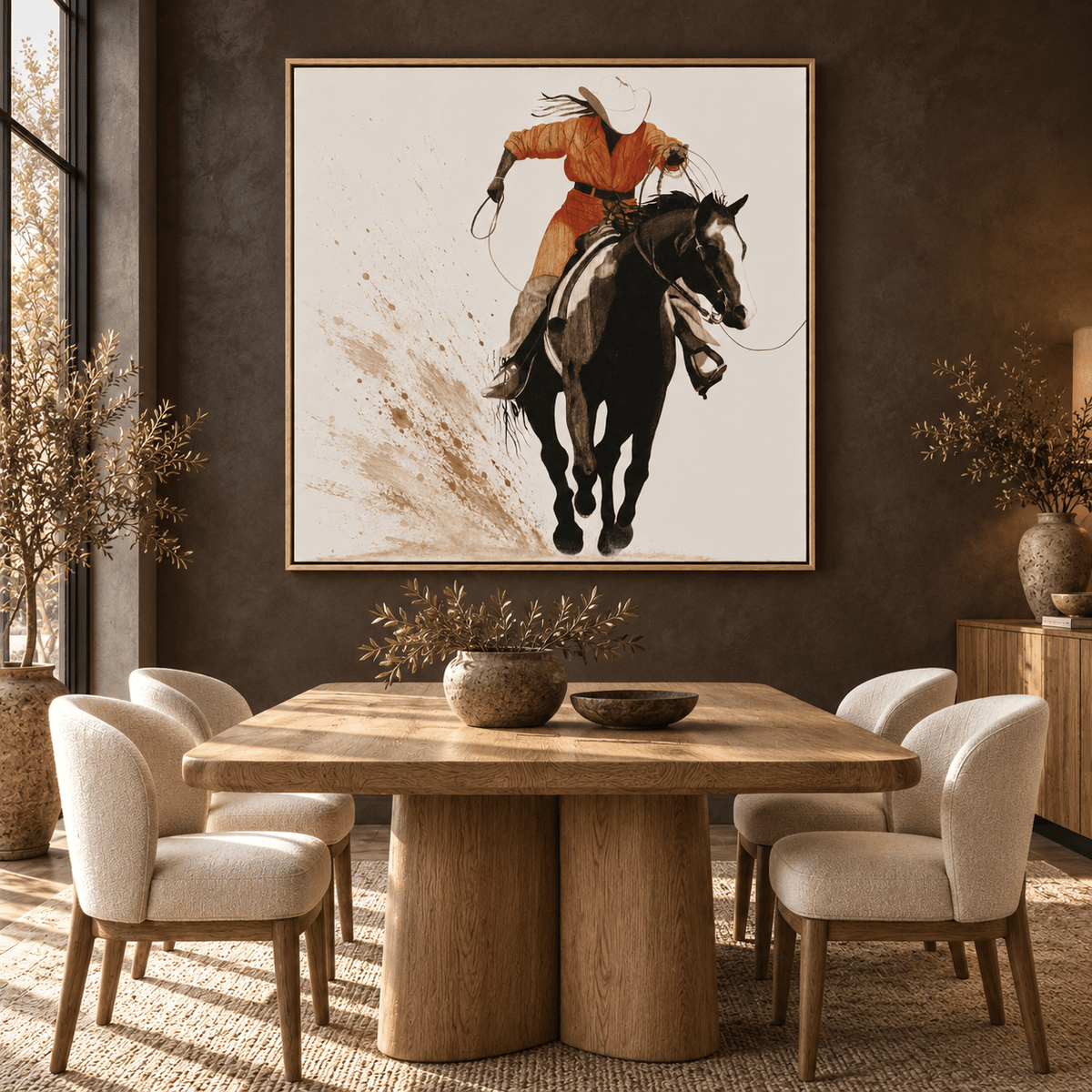 Cowboy roping painting hanging in a dining room – Rust and Rope by Rossetti Art