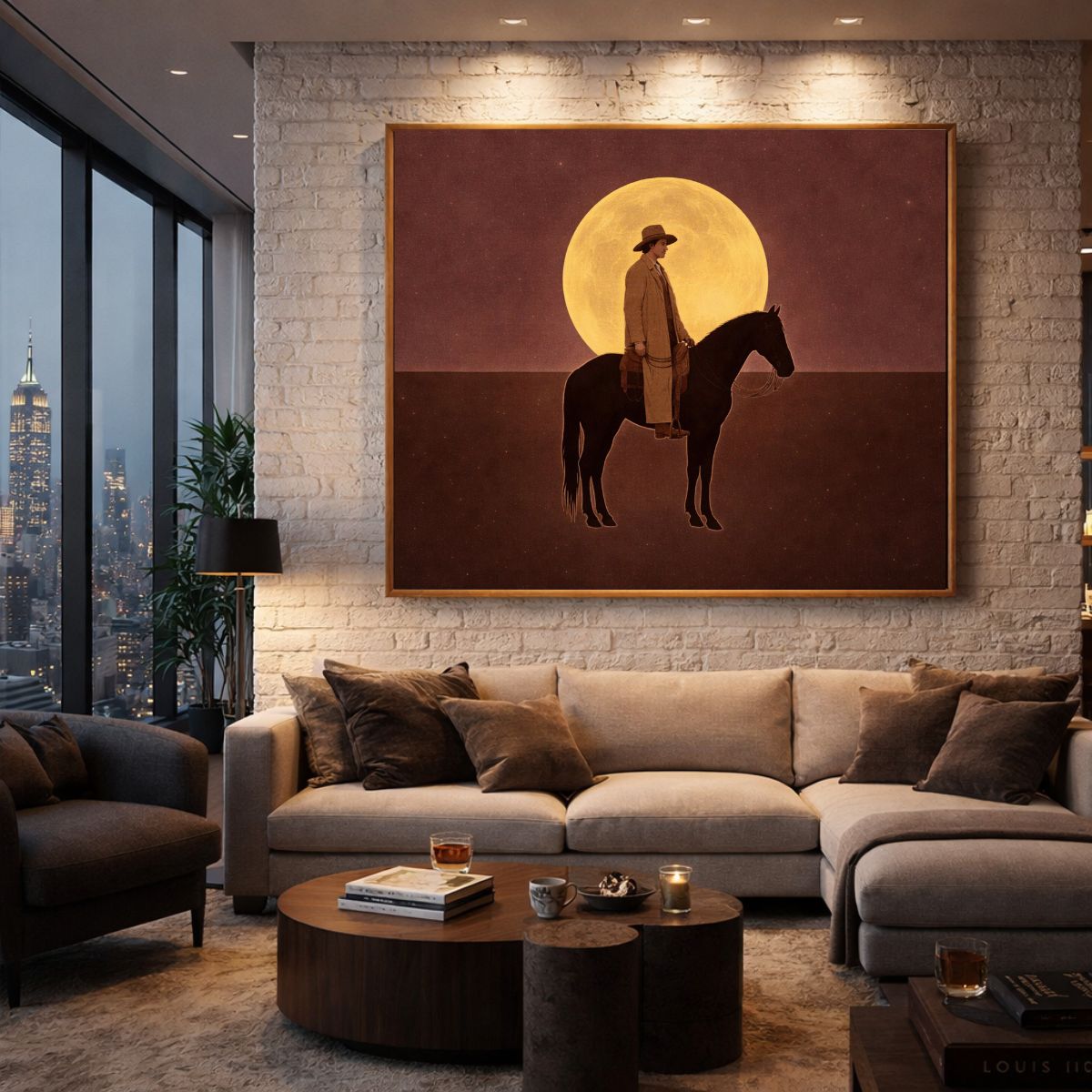 Cowboy Under Full Moon Canvas Print – Western Horse Wall Art, Vintage Night Desert Decor, Framed Minimal Wall Art | Rossetti Art modern abstract canvas wall art by Rossetti Art – luxury interior design artwork for living room, bedroom, office – figurative horizontal art print Poplar floater frame art