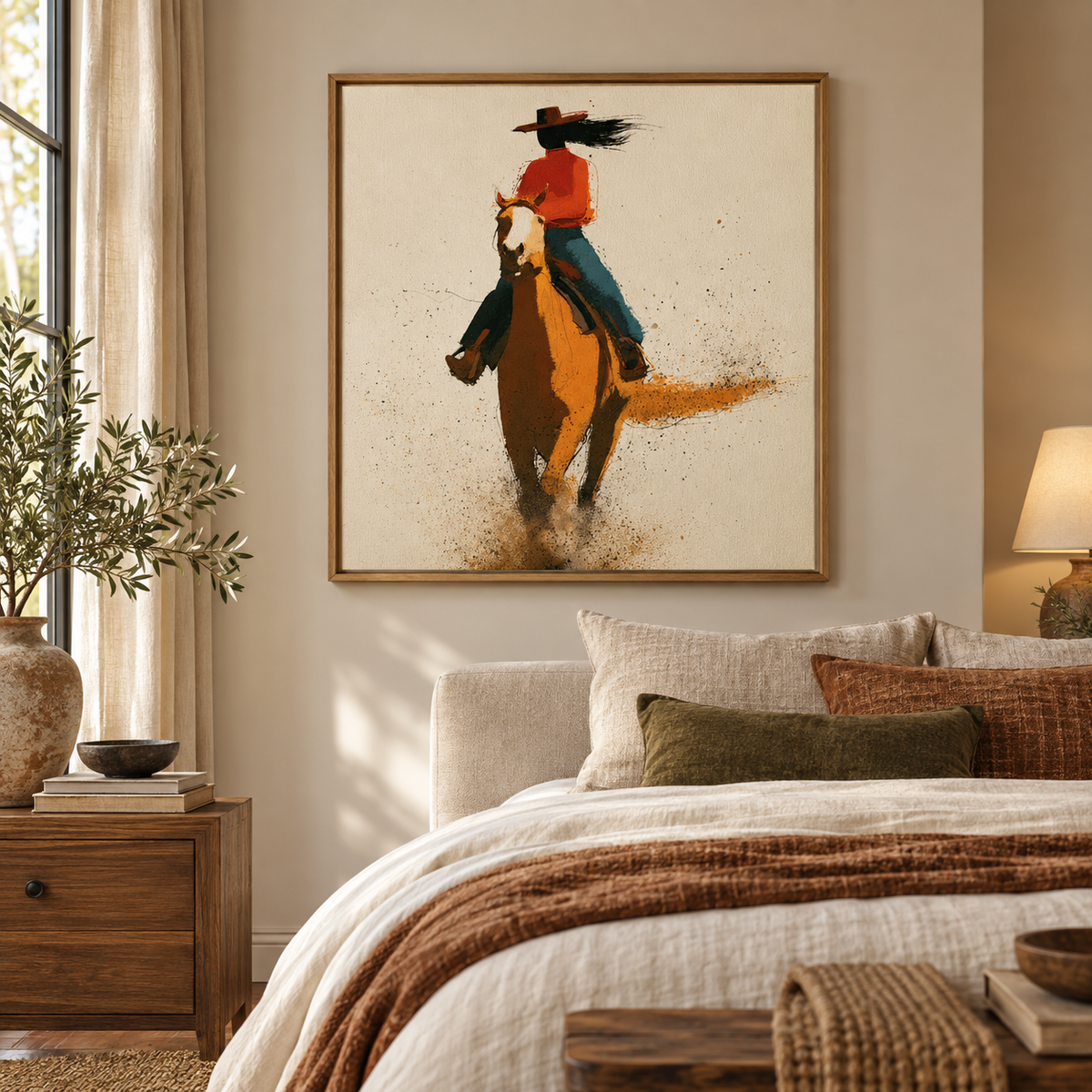 Cowgirl art above a bed in a warm neutral bedroom – Dust Rider by Rossetti Art