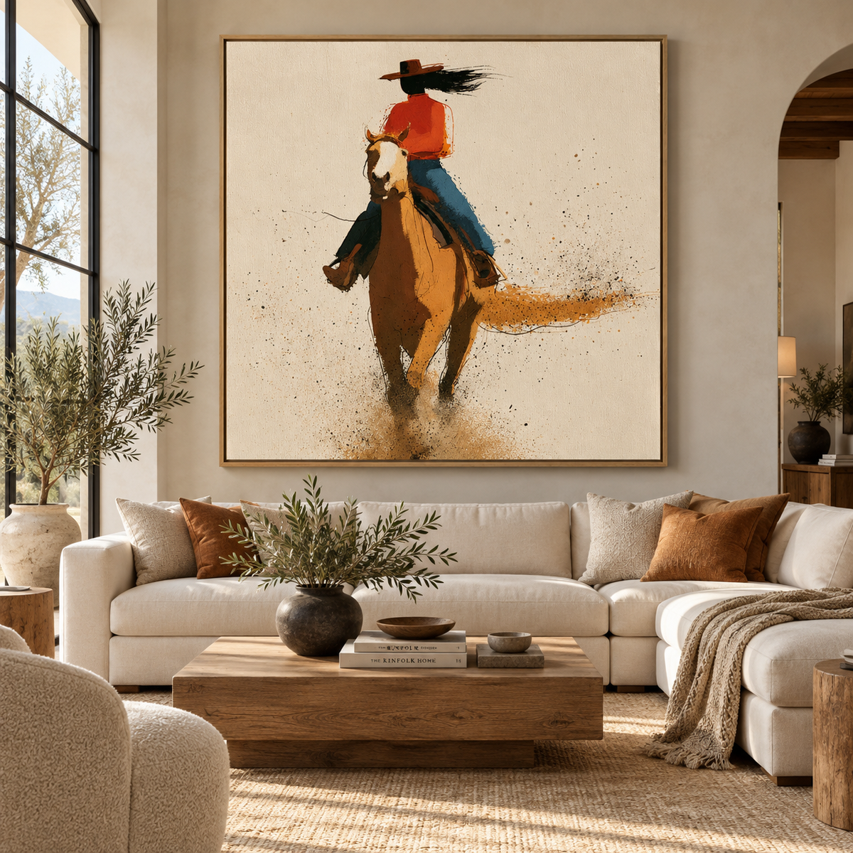 Cowgirl art above a cream sofa in a warm living room – Dust Rider by Rossetti Art