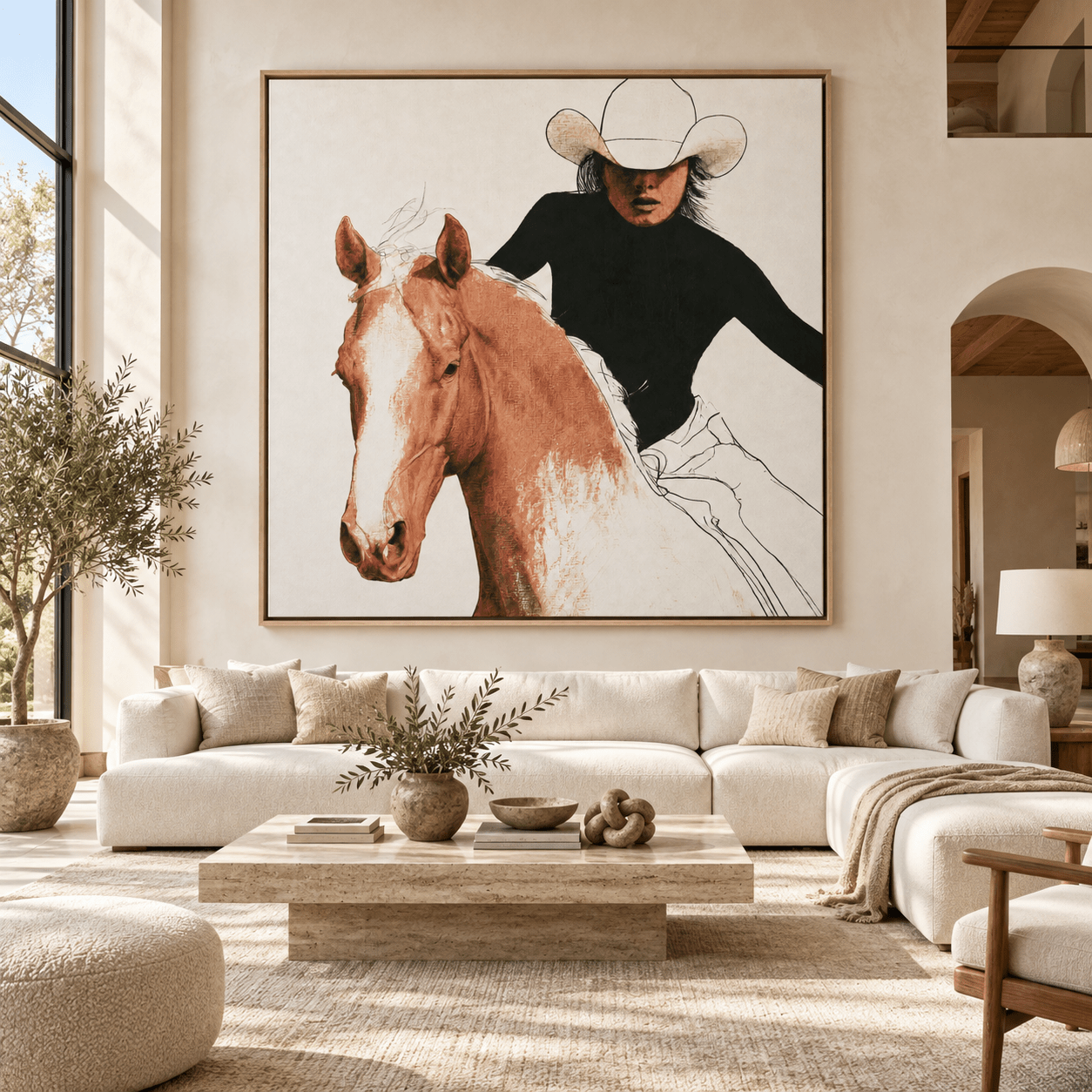 Cowgirl painting canvas print above a living room sectional sofa – Golden Rein by Rossetti Art