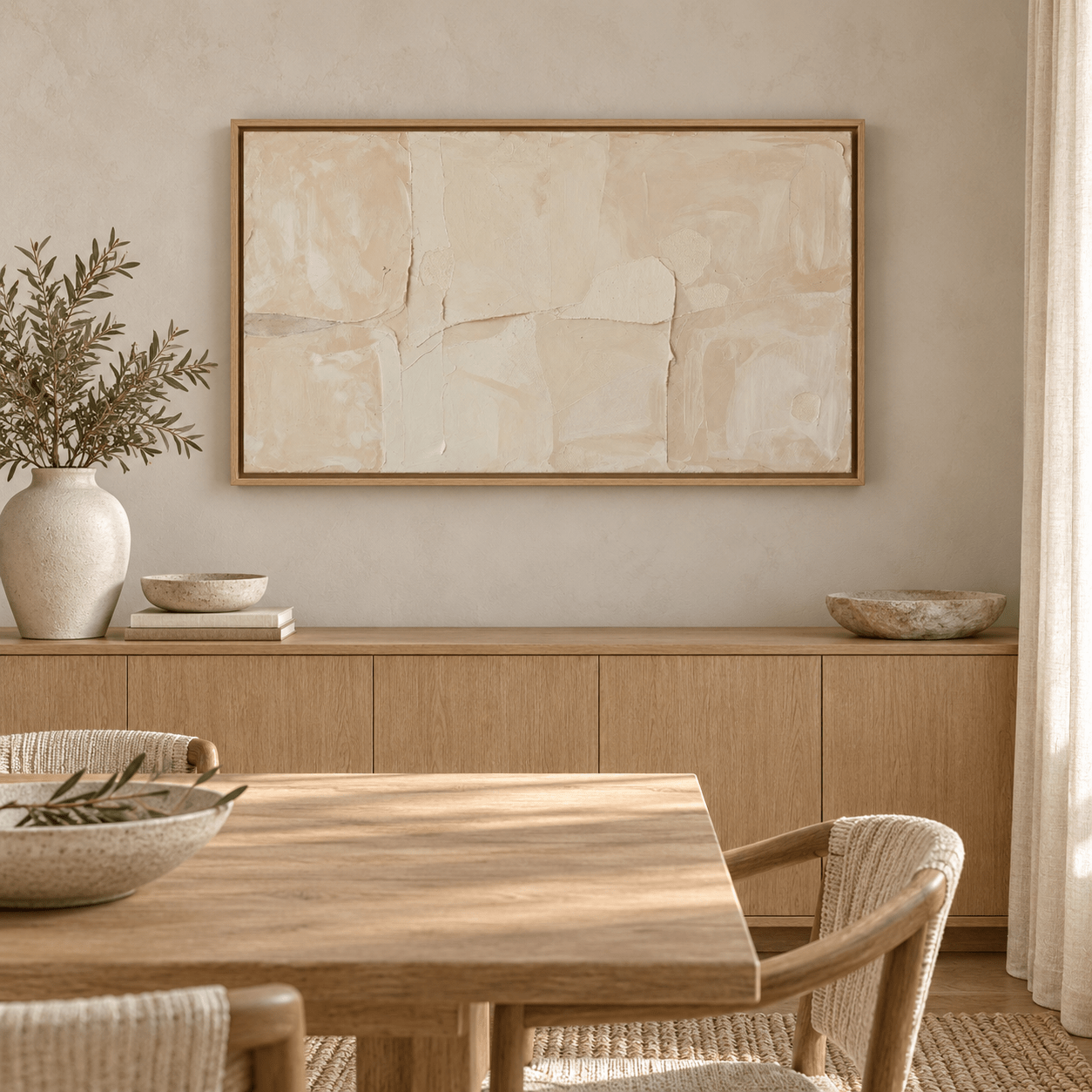 Cream abstract painting hung above a dining room sideboard — Quiet Plaster by Rossetti Art