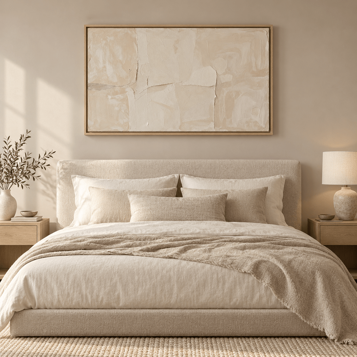 Cream abstract painting hung above a bed in a neutral bedroom — Quiet Plaster by Rossetti Art