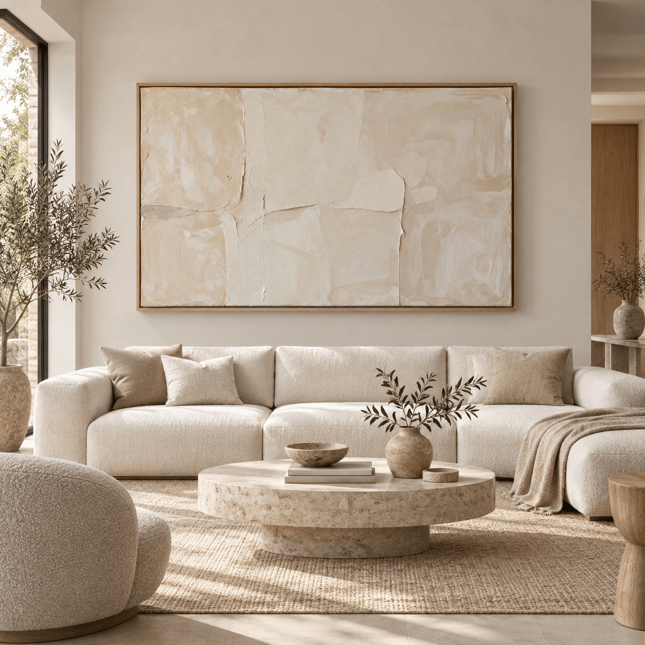 Cream abstract painting hung above a beige living room sofa — Quiet Plaster by Rossetti Art