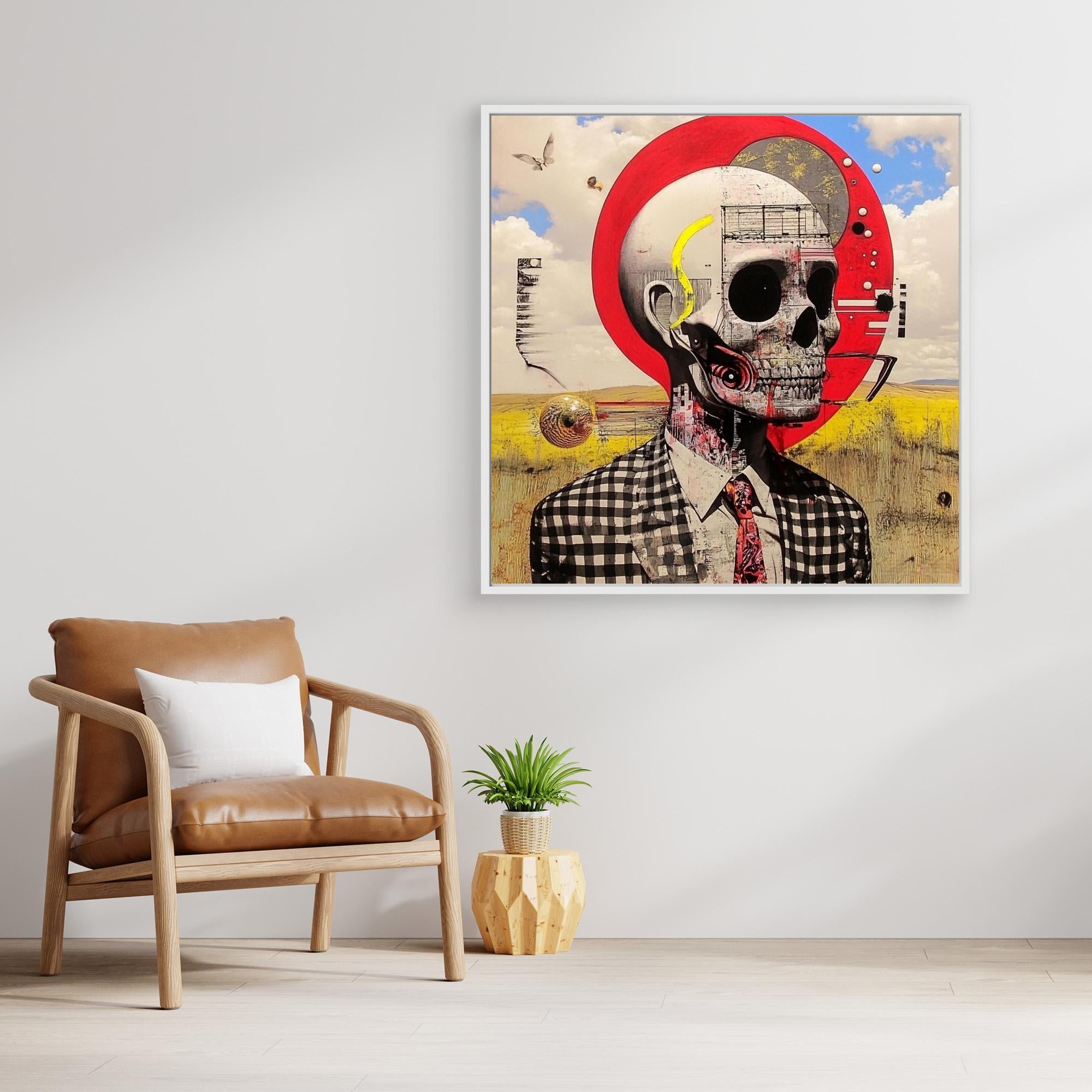 Canvas Print : Skull Reverie - Surreal Skull Art Print – Modern Mixed Media Wall Decor with Red Accents