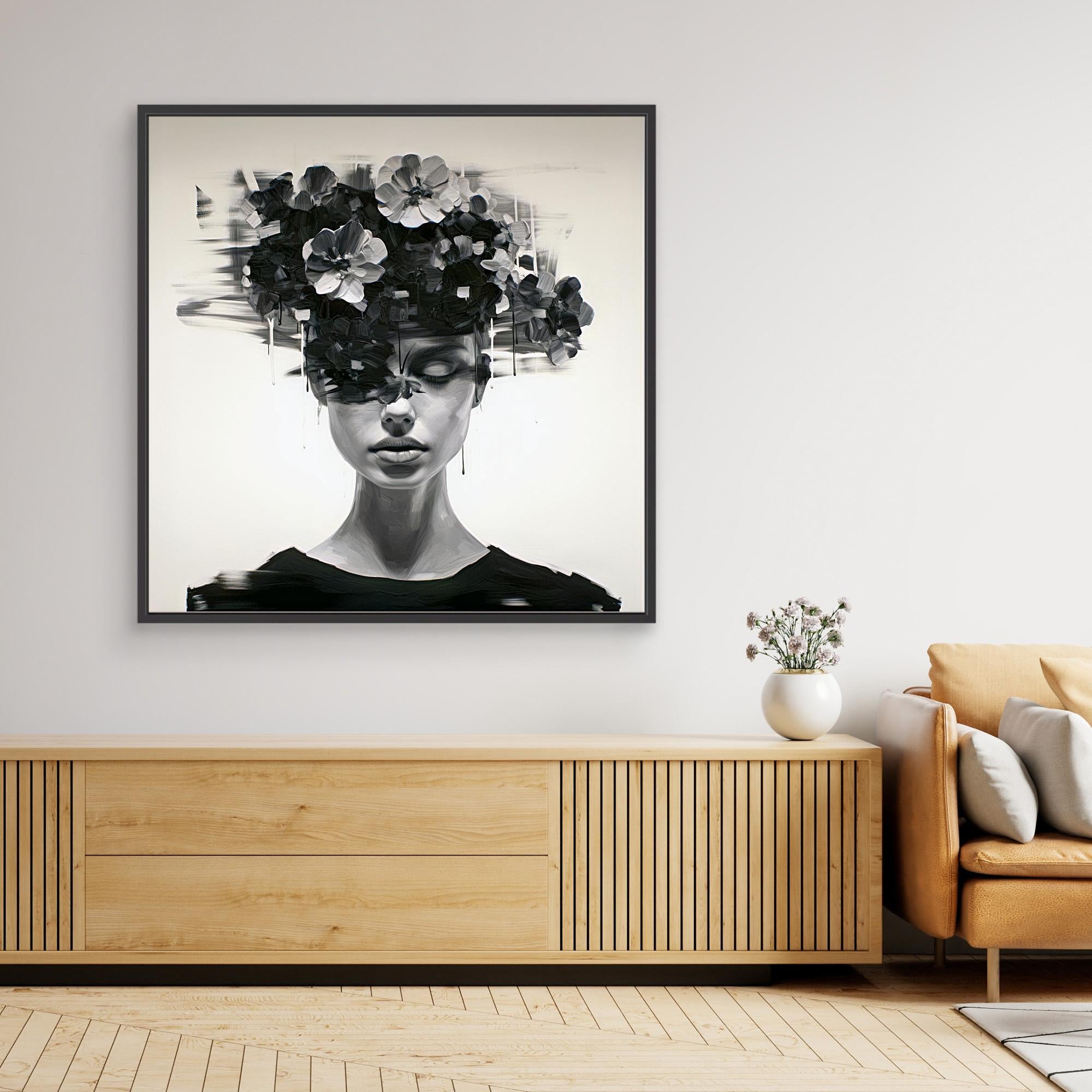 Canvas Print: Noir Bloom – Surreal Floral Portrait Wall Art