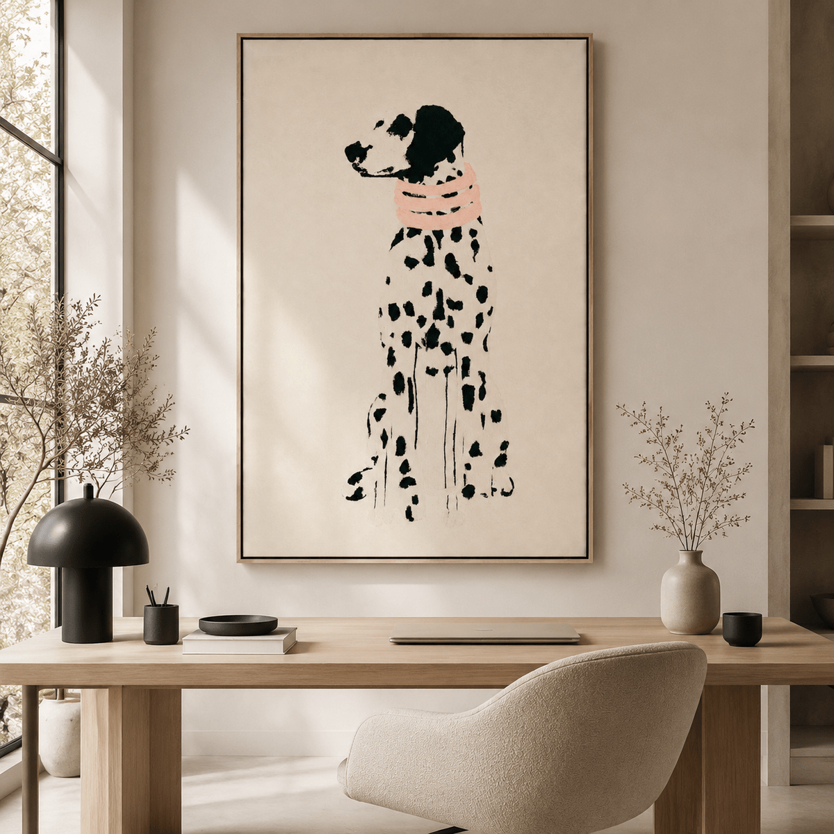 Vertical Dalmatian dog canvas wall art in a warm beige interior setting