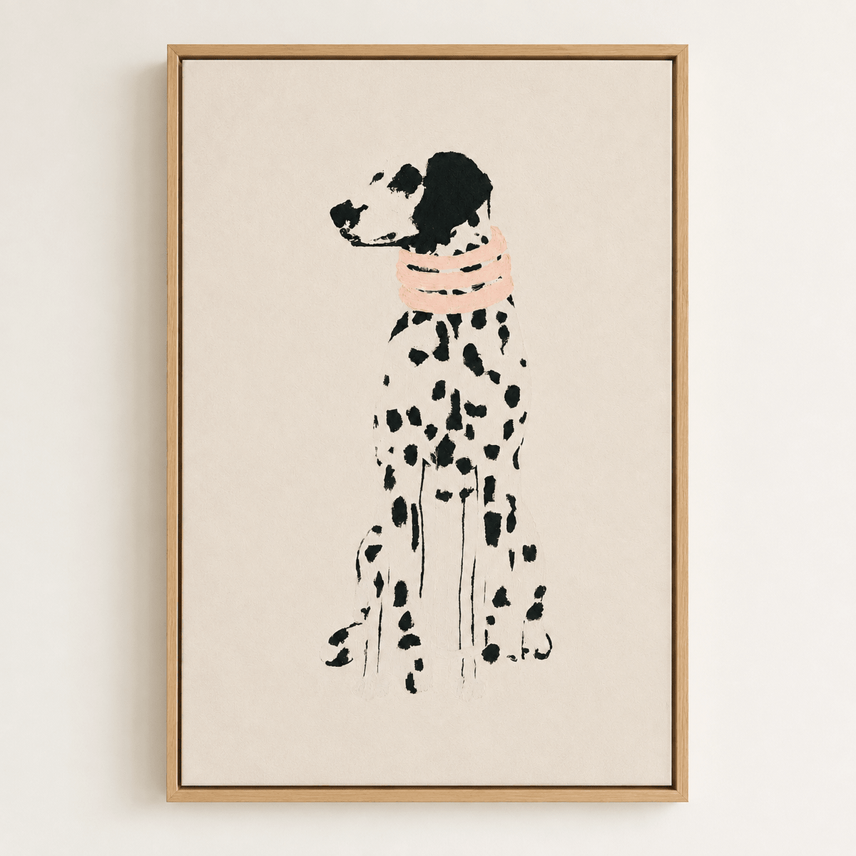 Minimalist black and white Dalmatian dog wall art with a soft pink collar on a warm beige background