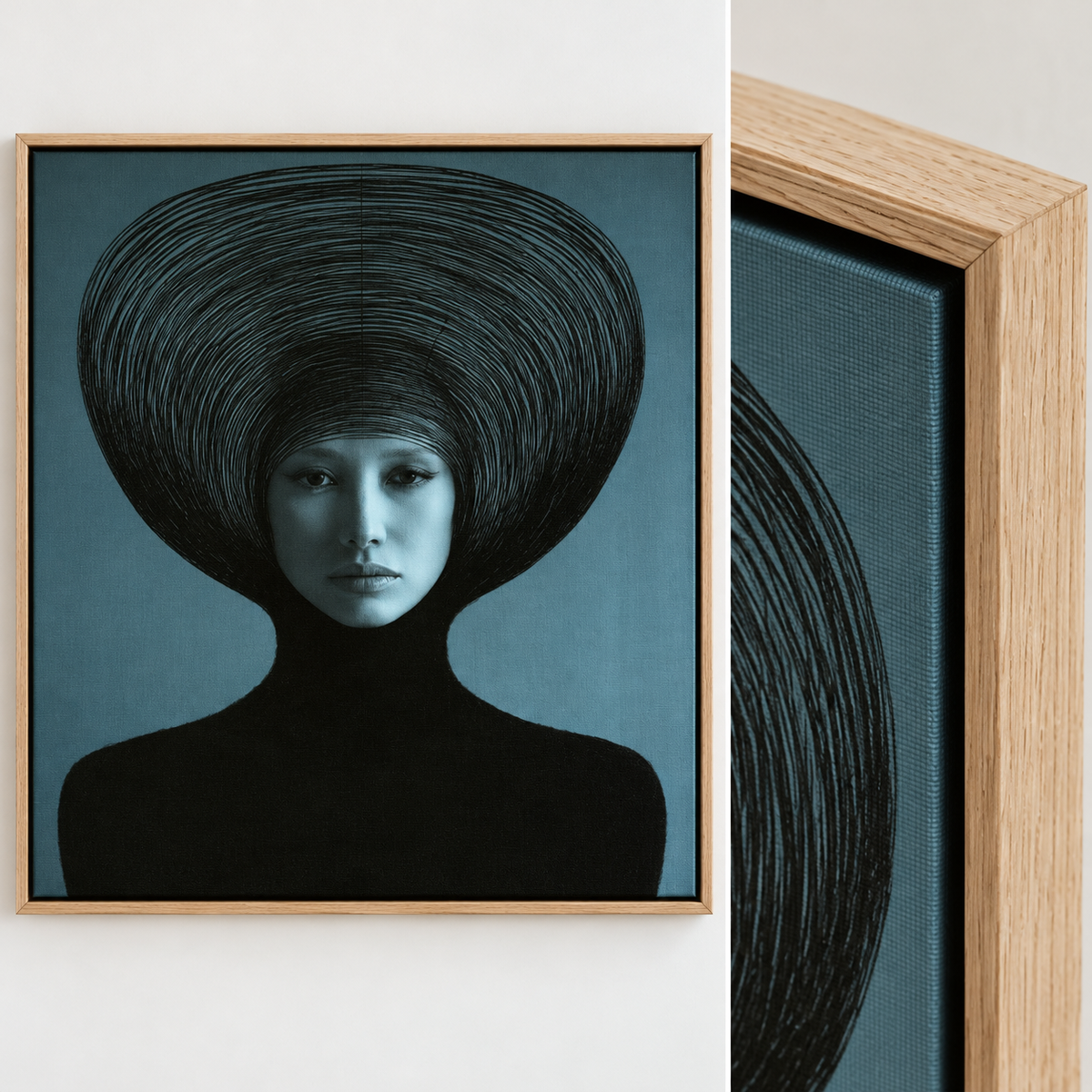 Dark Teal Wall Art Canvas Print – Wide Orbit oak frame corner with teal linework by Rossetti Art