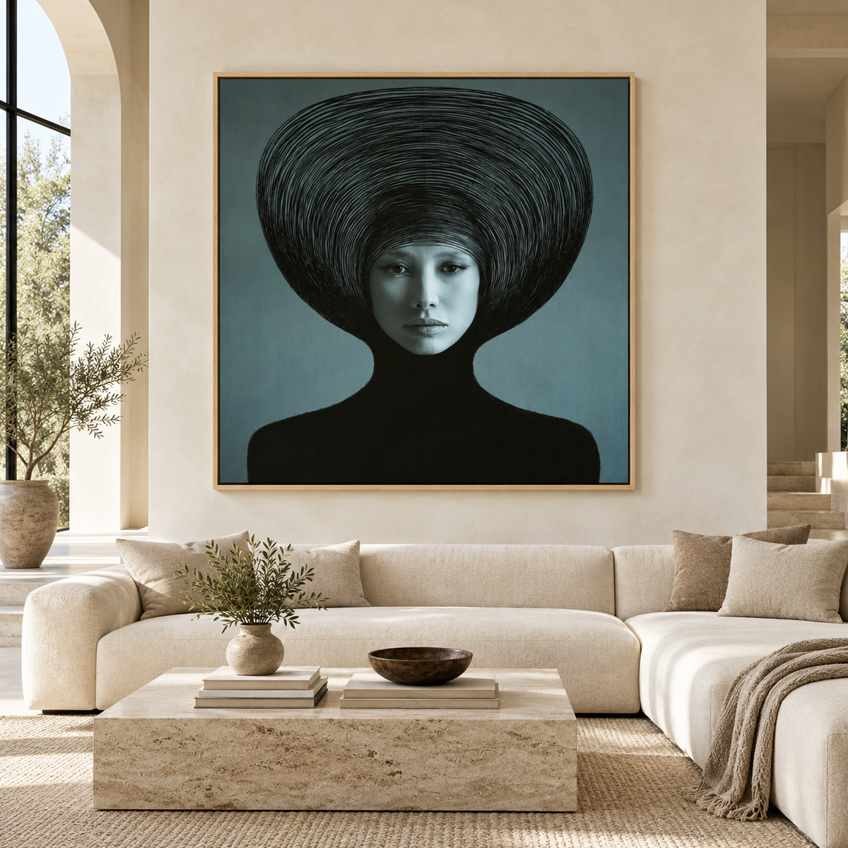 Dark Teal Wall Art Canvas Print – Wide Orbit portrait with a wide halo in a natural oak frame by Rossetti Art