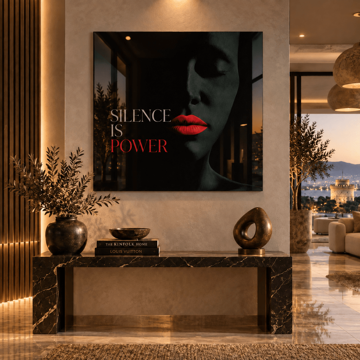 Dark wall art – Silence Is Power black acrylic print with bold red lips above a marble bench in a luxury hallway by Rossetti Art