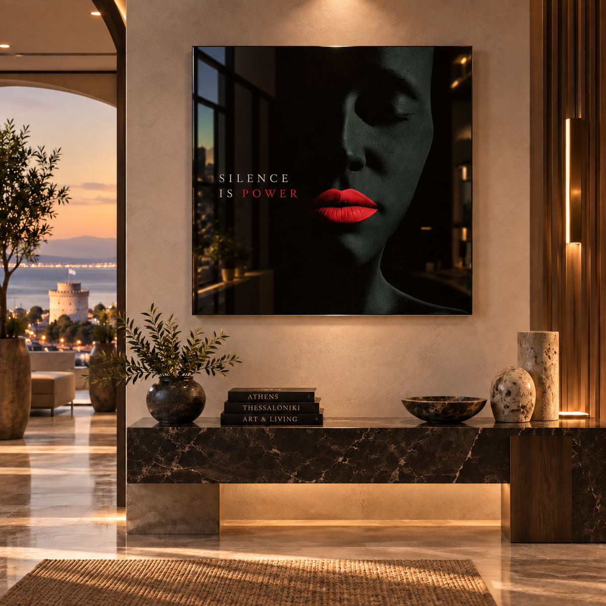 Dark wall art – Silence Is Power black and red lips acrylic print above a marble console in a warm luxury entryway by Rossetti Art