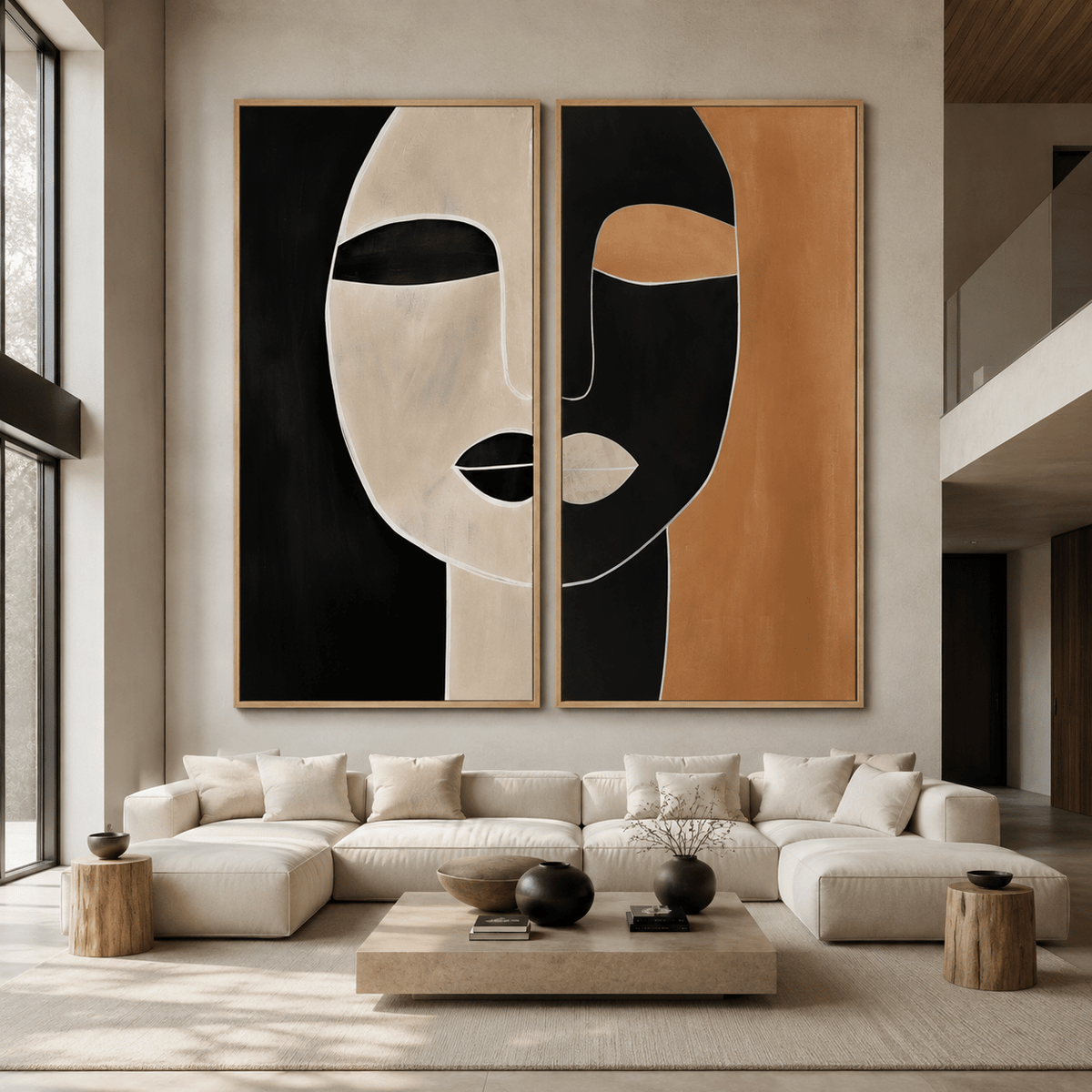 Diptych wall art displayed above a sofa in a modern living room – Terracotta Reverie by Rossetti Art